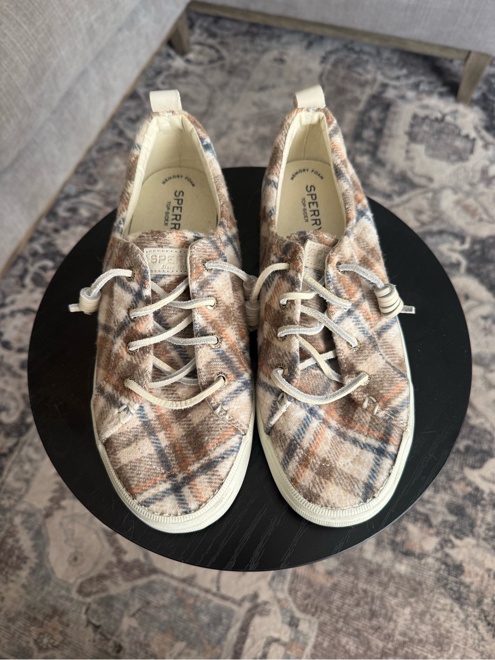 Sperry Shoes Womens 8.5 39.5 Brown Plaid Wool Blend Memory Foam Sneakers